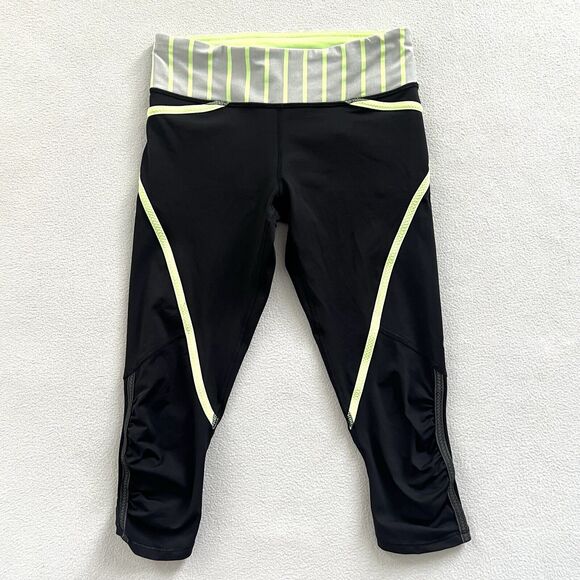 lululemon athletica Pants - Lululemon Run Pace Crop Black Deauville Stripe Clear Mint Light Grey Pant 4